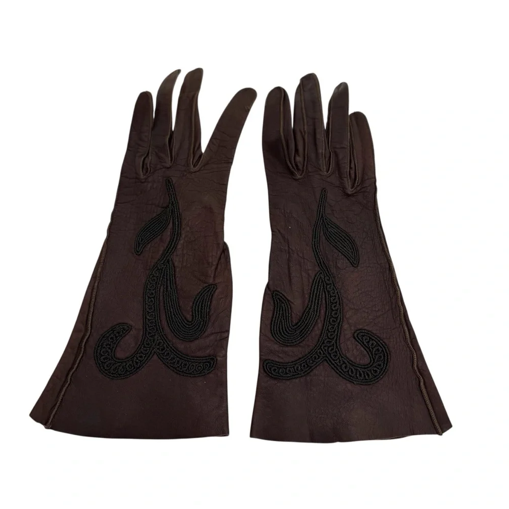 Vintage Embroidered Leather Gloves Women’s Brown